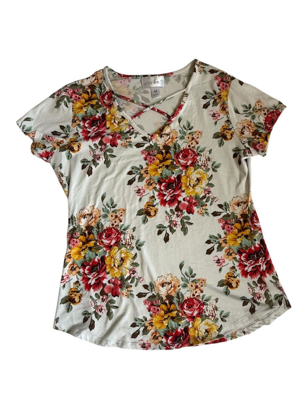 Just Be Floral Criss Cross V-Neck Short Sleeve Top Size M Cottagecore Festival